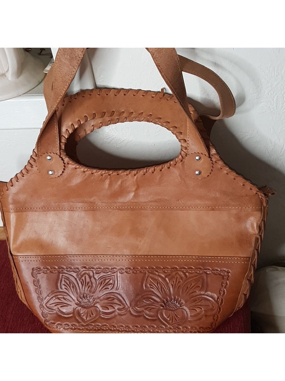 Leather hand tooled shoulder or hand bag